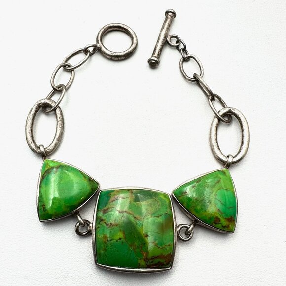 Hallmarked NK Sterling Silver Green Turquoise  Bracelet 31 Grams 8 Inch - Picture 1 of 6
